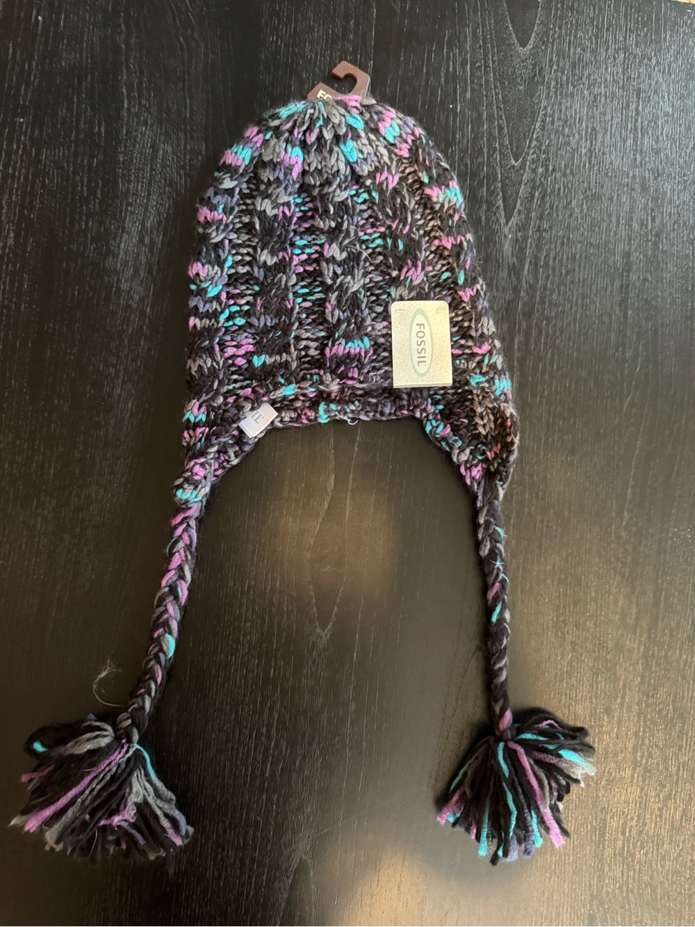 Fossil Women’s Earflap Knit Hat in Gray, Purple & Teal